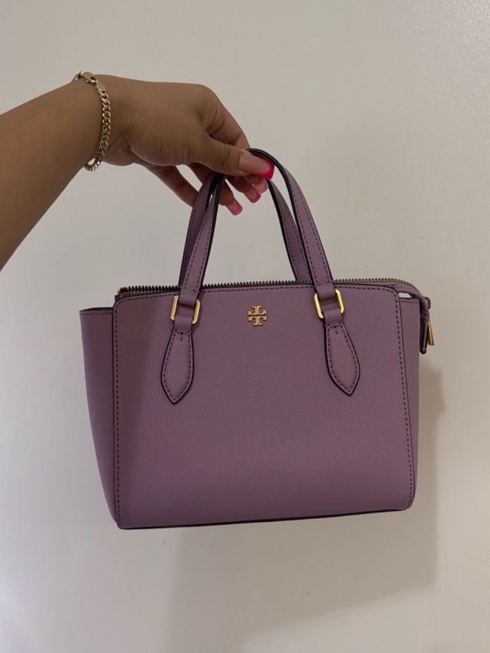 Tory Burch Lilac Saffiano Mini Satchel with Gold Hardware